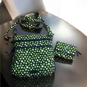 Vera Bradley Crossbody Bag& Wallet Green White Polka Dot Quilted Adjustable